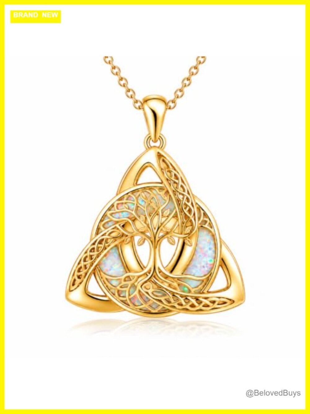 Tree of Life Celtic Knot Opal Pendant Necklace for Women 14k Gold Tone